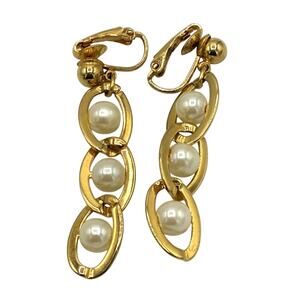 Vintage Avon Signed Gold Tone Faux Pearl Chain Link Drop Earrings